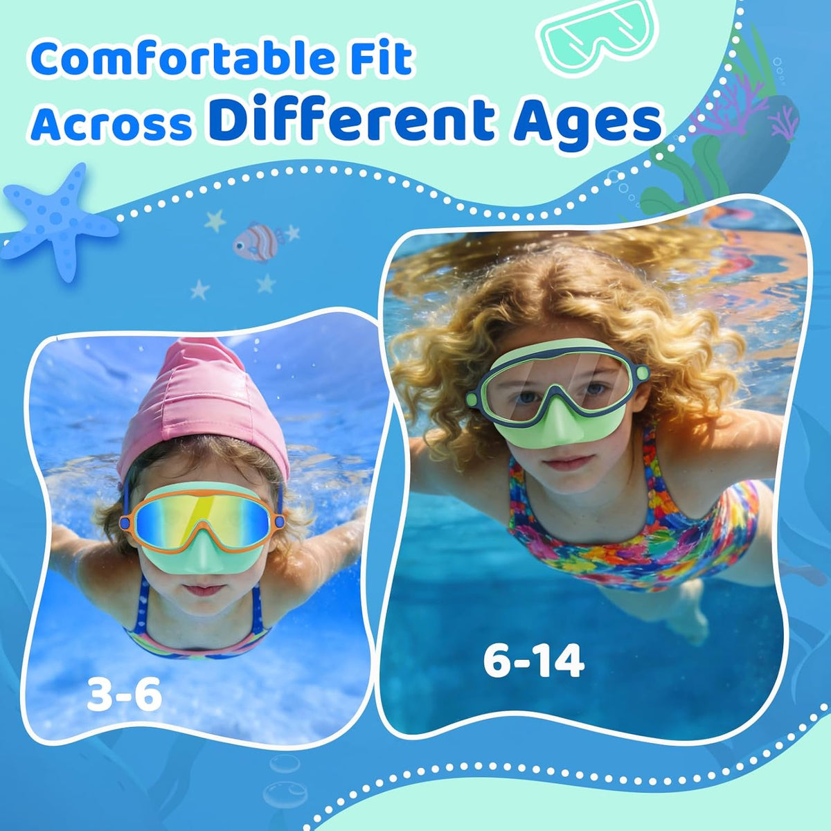 Vvinca Kids Swim Goggles - Anti-Fog UV Protection & Nose Cover | 2 Pack for Ages 3-14