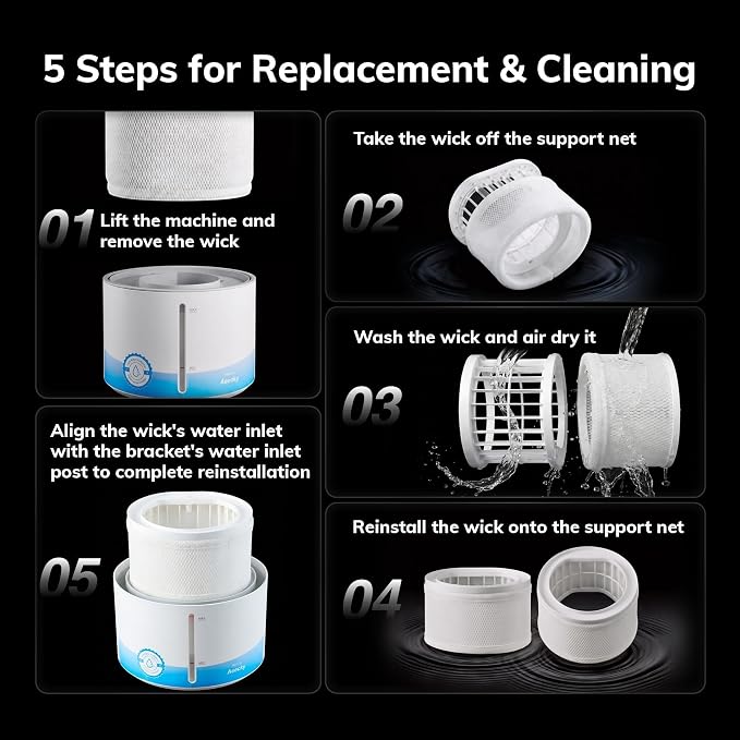 No White Dust Evaporative Tech, AEOCKY Mist-Free Humidifier for Baby, 4.5L with Self-Clean & Dry Filter Mode, Timer, Sleep, Auto Mode for Bedroom, Home, Nursery