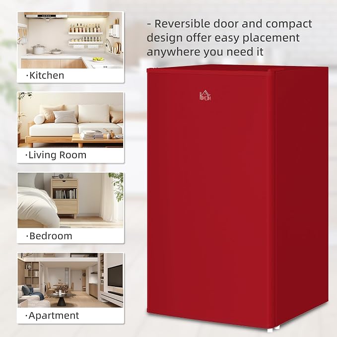 HOMCOM 3.2 Cu.Ft Mini Fridge with Freezer Single Reversible Door Red | Compact Refrigerator, Adjustable Thermostat, Shelf, for Bedroom Dorm Home Office, Energy Efficient