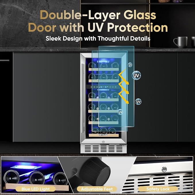 15 Inch Wine Cooler Under Counter, 30 Bottle Dual Zone Wine Fridge with Stainless Steel Glass Door, Built-In or Freestanding Wine Cellar with Digital Temperature Control for Home, Kitchen, or Office