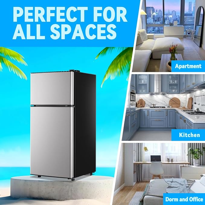 Mini Fridge with Freezer 2.4 Cu.ft Mini Refrigerator Double Doors Dorm Fridge Compact 7 Modes Temp Suit for Apartment Bedroom Office Silver