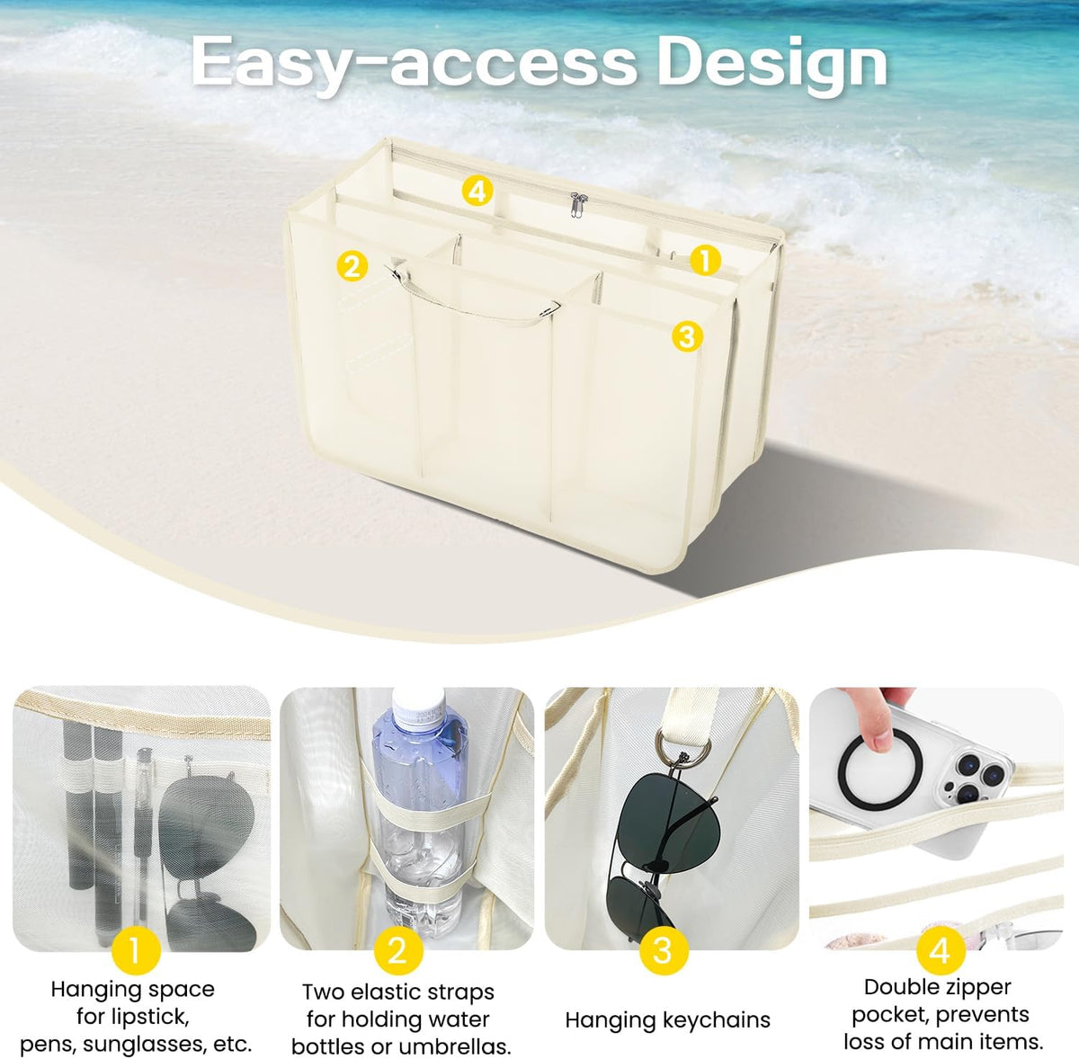 XYFuuee Beach Bag Organizer - Lightweight Mesh Insert with 8 Removable Fasteners | Khaki Medium Bogg Bag Accessory