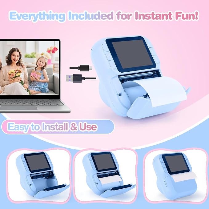 Kids Camera Instant Print with Color & Black-White Printing, 1080P HD Digital