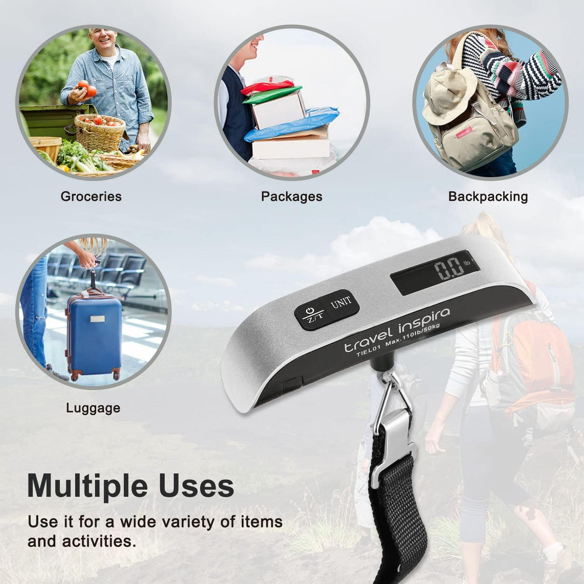 Travel Inspira Luggage Scale - Portable Digital Hanging Baggage Scale Up to 110 lbs | Battery Included
