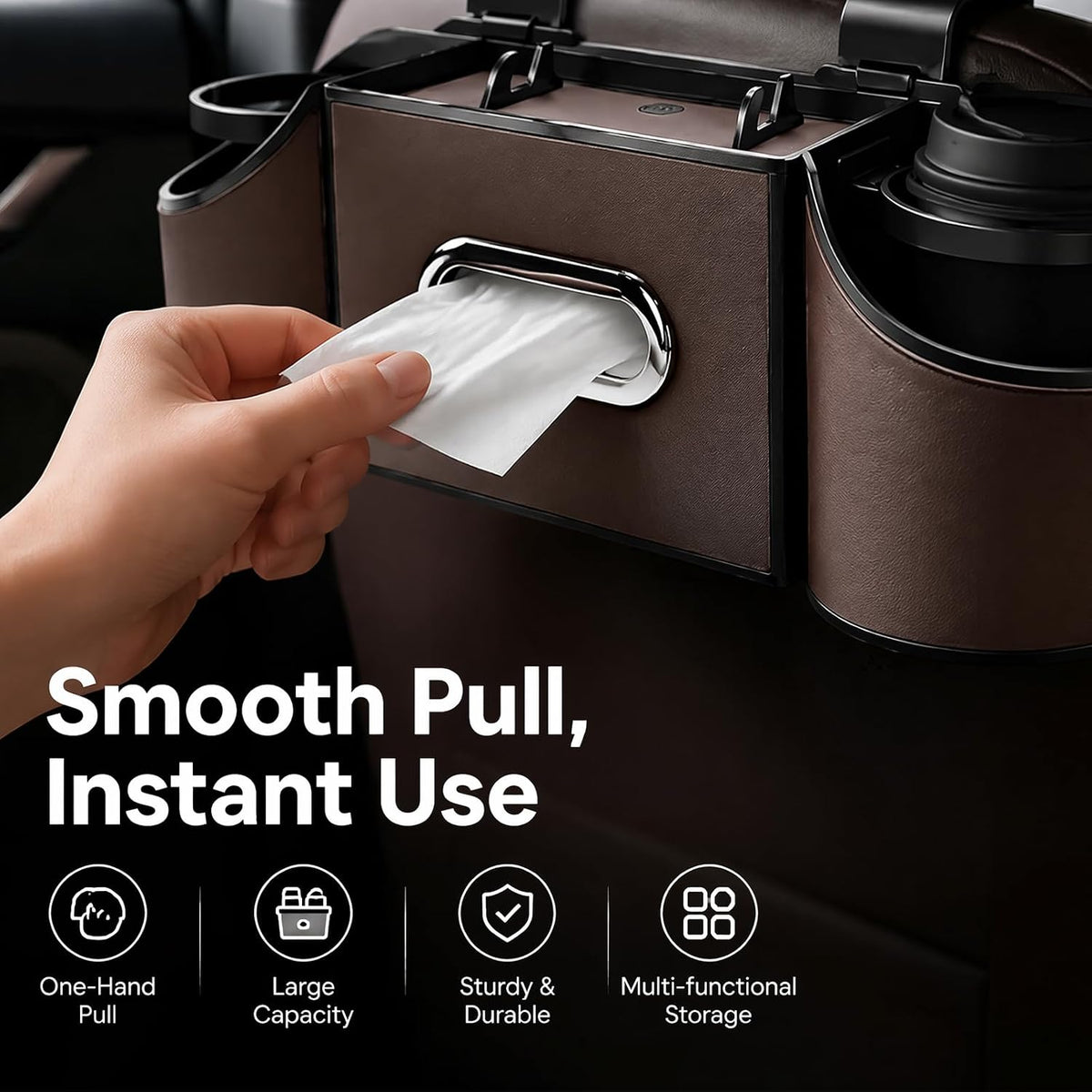 Back Seat Car Organizer, 2 Cup Holders, Tissue Holder, Phone Stand & Hooks