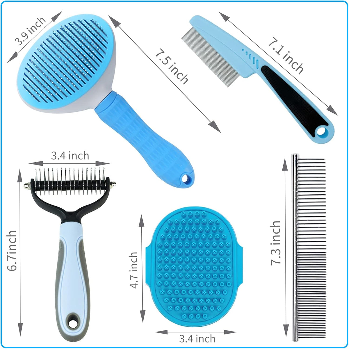 Skiennix Dog Brush Grooming Kit - 5PCS Set for Shedding, Flea Comb & Slicker Brush | Blue