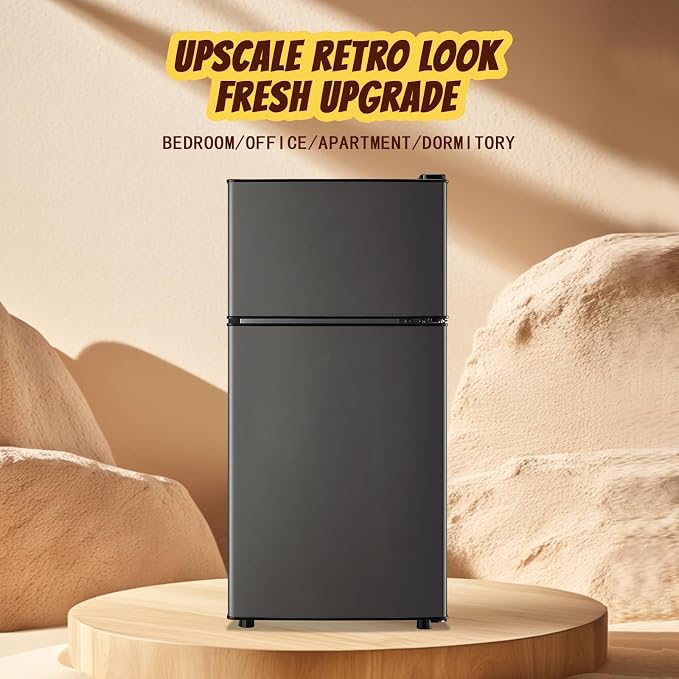 2.4 Cu.ft Mini Fridge with Freezer Dual Door Small Fridge Dark Gray | Bottom Drink Holder 2 Plastic Shelves 7 Temp Control