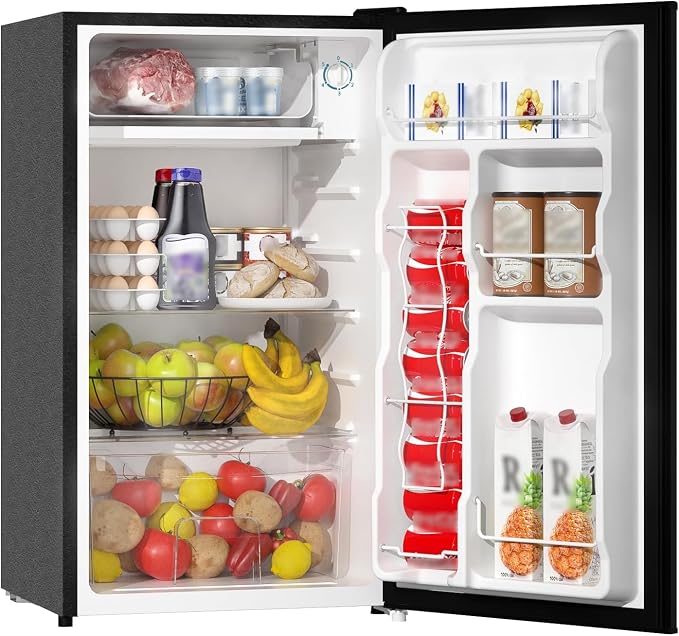 Mini Fridge with Freezer, 3.2Cu.Ft, Single Door Small Refrigerator, Energy-efficient, Low Noise, Mini fridge for Bedroom Dorm and Office, Black