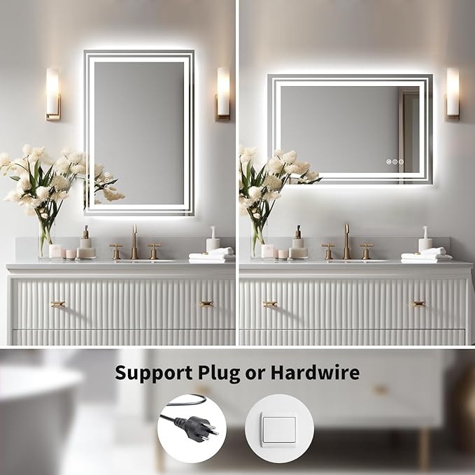 WTTY LED Bathroom Mirror 20"x 28" with Backlit and Front Light,Dimmable LED Mirror for Bathroom,Anti-Fog Lighted Bathroom Vanity Mirror Modern for Wall,Memory Function,Shatter-Proof
