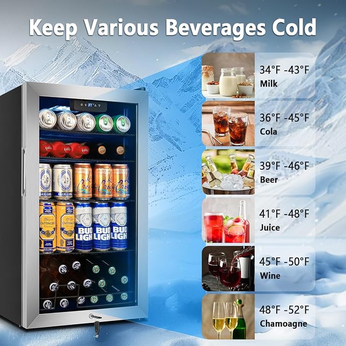 Beverage Refrigerator Cooler, 130 Cans 3.22 Cu.Ft Small Refrigerator with Low-E Glass Door, Lock, 17-Inch Beer Fridge for Drinks, Beer and Wine, Mini Fridge for Bedroom, Office and Bar, Silver