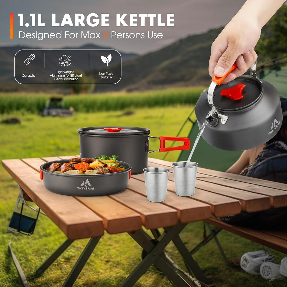 THTYBROS Camping Cookware Kit - 17-Piece Set with 0.45Gal Pot, 7-Inch Pan & Stainless Steel Utensils