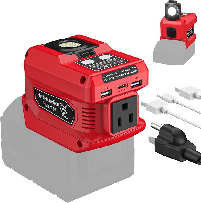 220W Azocek Power Inverter Compatible with Milwaukee 18V Battery, DC 18V to AC 110V Portable Power Station with 1 AC Outlet, 2 USB Ports & 1 Type-C Fast Charging, 400LM LED Work Light