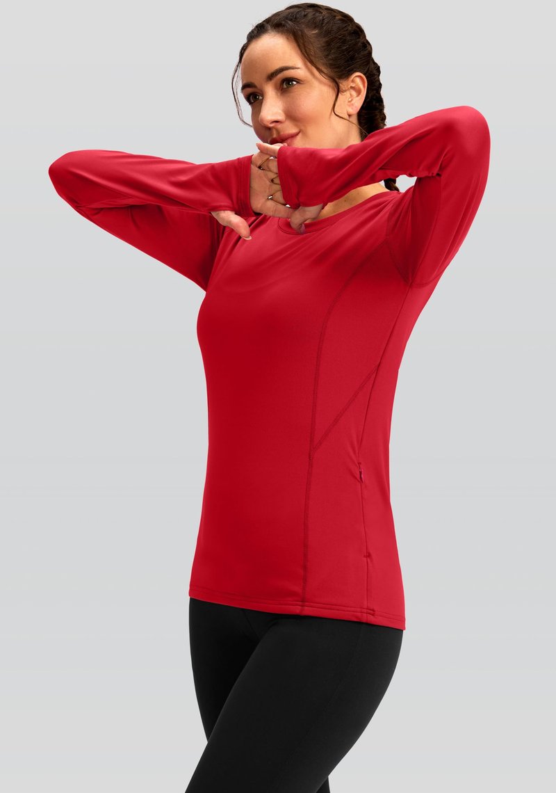Women's Thermal Fleece Tops Long Sleeve Workout Shirts Running Athletic Base Layer with Thumb Holes Zipper Pocket(Red,S)