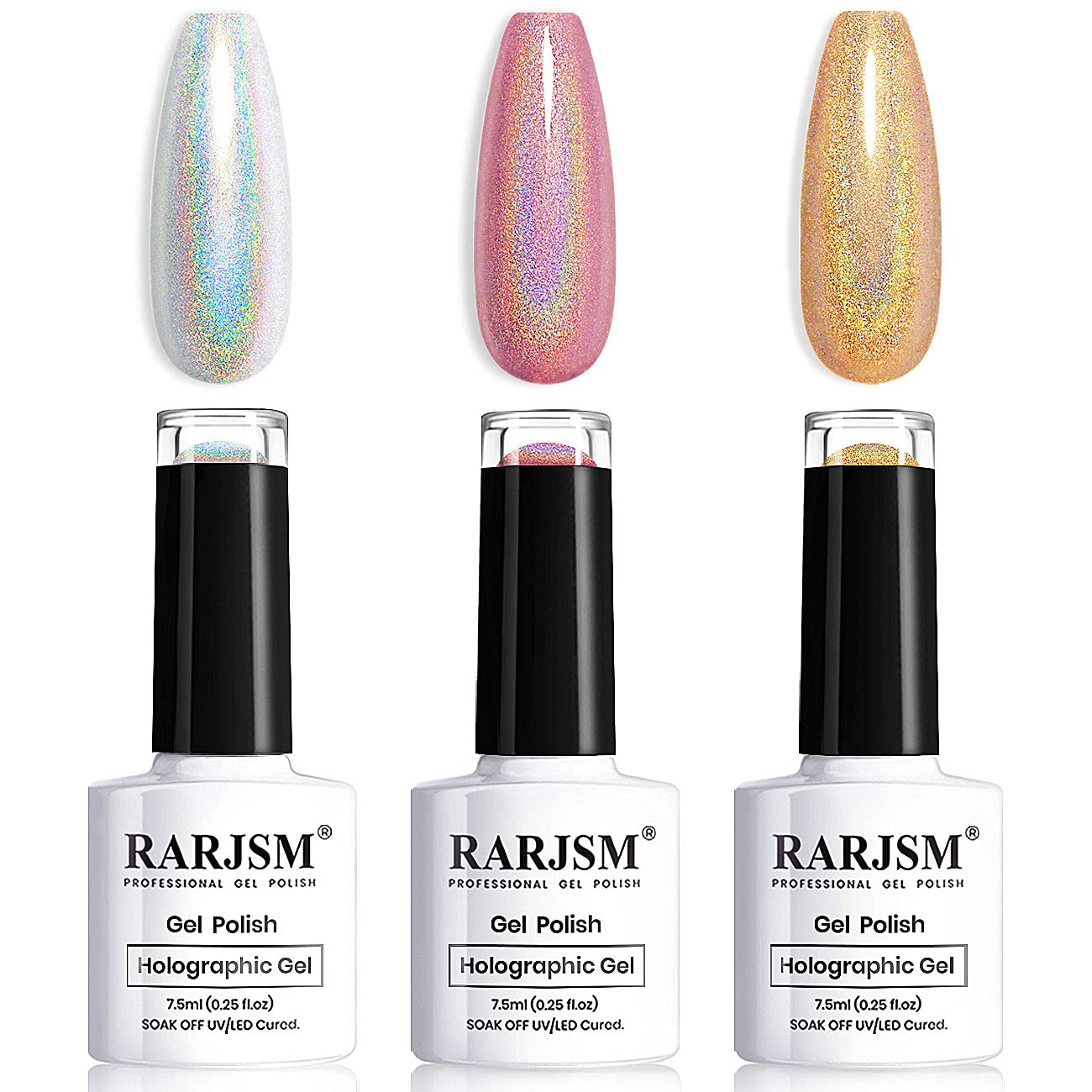 Rarjsm Holographic Gel Nail Polish Set 3Pcs Rose Gold Silver Gorgeous Glossy Soak Off Nail Gel With Glitter Mermaid Unicorn Effe