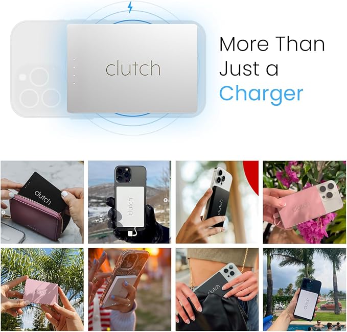 Clutch Pro – World's Thinnest iPhone Charger – Portable Power Bank 5000mAh – Magnetic Built-in Lightning Cable – TSA Approved Travel Charger – iPhone 14 & Earlier – White