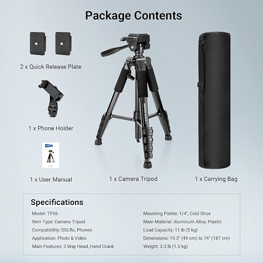NEEWER Basics Camera Tripod, Professional Aluminum Lightweight Portable Travel