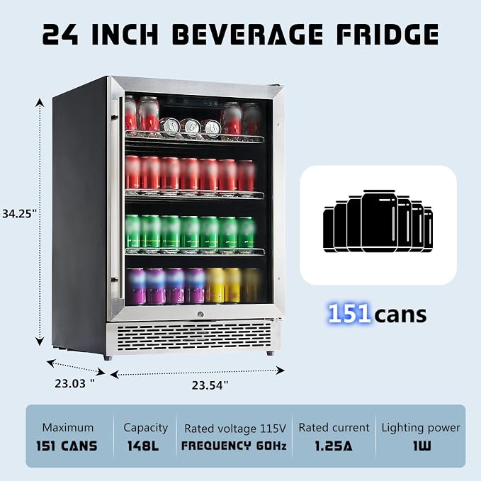 Albott 24 Inch Beverage Refrigerator, Under Counter Fridge with Glass Door | Adjustable Shelves, LED Touch Panel, Built-In or Freestanding Design for Wine and Beer, 34-64℉