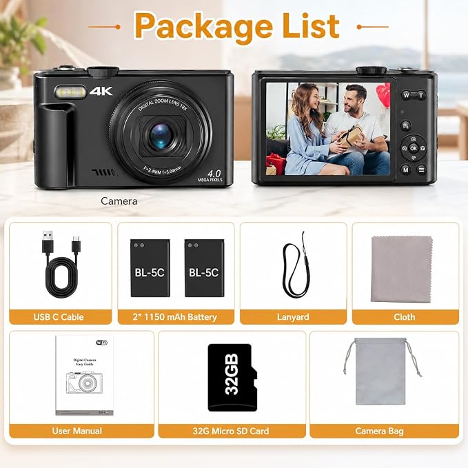 4K Digital Camera for Photography, 64MP Vlogging Camera for YouTube