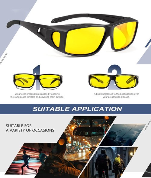 KALIYADI Night Vision Glasses - Anti-Glare Wrap-Around Fit Over Glasses for Men & Women | HD Lens