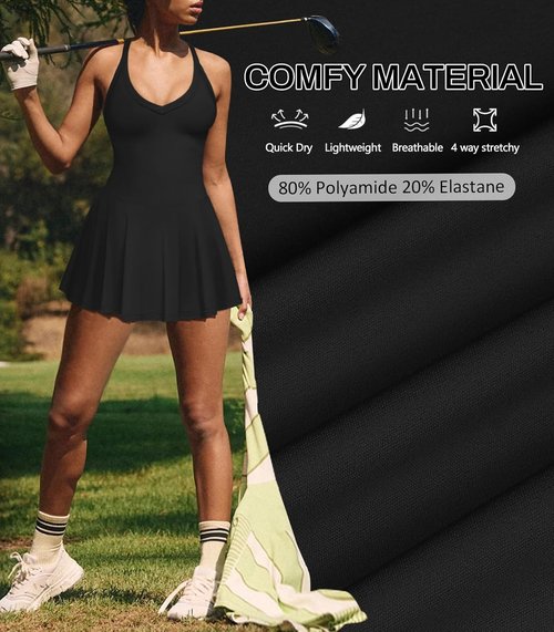 Hragc Women's V-Neck Tennis Dress - Summer Active Mini Dress with Pleated Design & Pockets