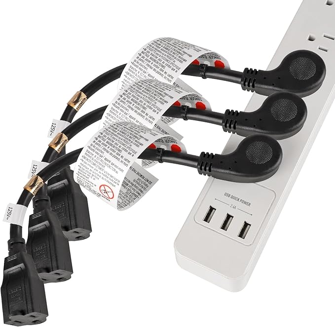 VSEER 1Feet 1625W 13A UL SJT 16AWG Flat Plug Heavy Duty Extension Cord Outlet Saver 3-Prong Grounded Short 90 Degree Angle Adapter Power Extension Cord,UL Listed (Black, 3 Pack)