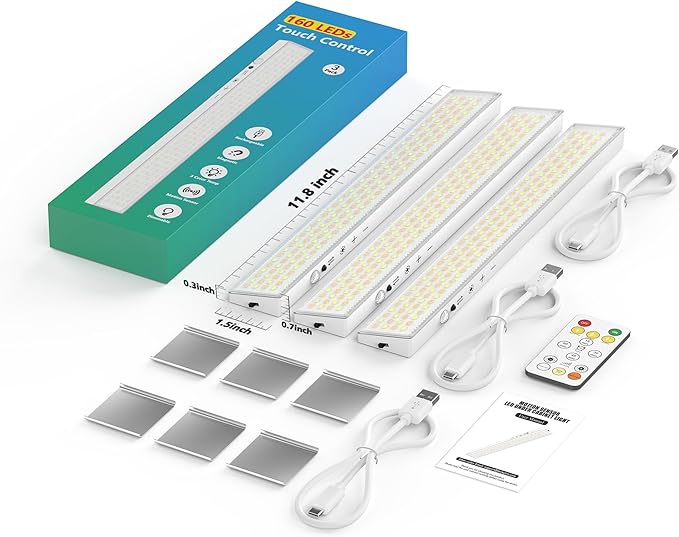 3Pack Touch Control Under Cabinet Lighting, 160LED Super Bright, 4000mAh Long-Lasting, Magnetic Rechargeable Motion Sensor Under Counter Lights for Kitchen, Closet, Remote, Dimmable, 3CC丨White