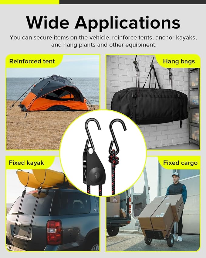 1/4" Ratchet Tie Down Straps, 2-Pack 12ft Adjustable Rope Hangers, Heavy Duty Kayak Pulley System with Hooks for Kayak Accessories, Hiking, Camping, Boating & Water Activities