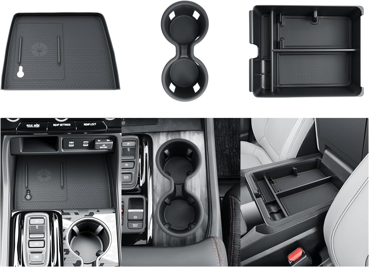 BIBIBO 3Pack for 2026 Honda Passport Center Console Organizer 2026 Honda Passport Console Armrest Tray+Cup Holder +Wireless Charging Mat 2026 Passport Insert Organizer 2026 Honda Passport Accessories