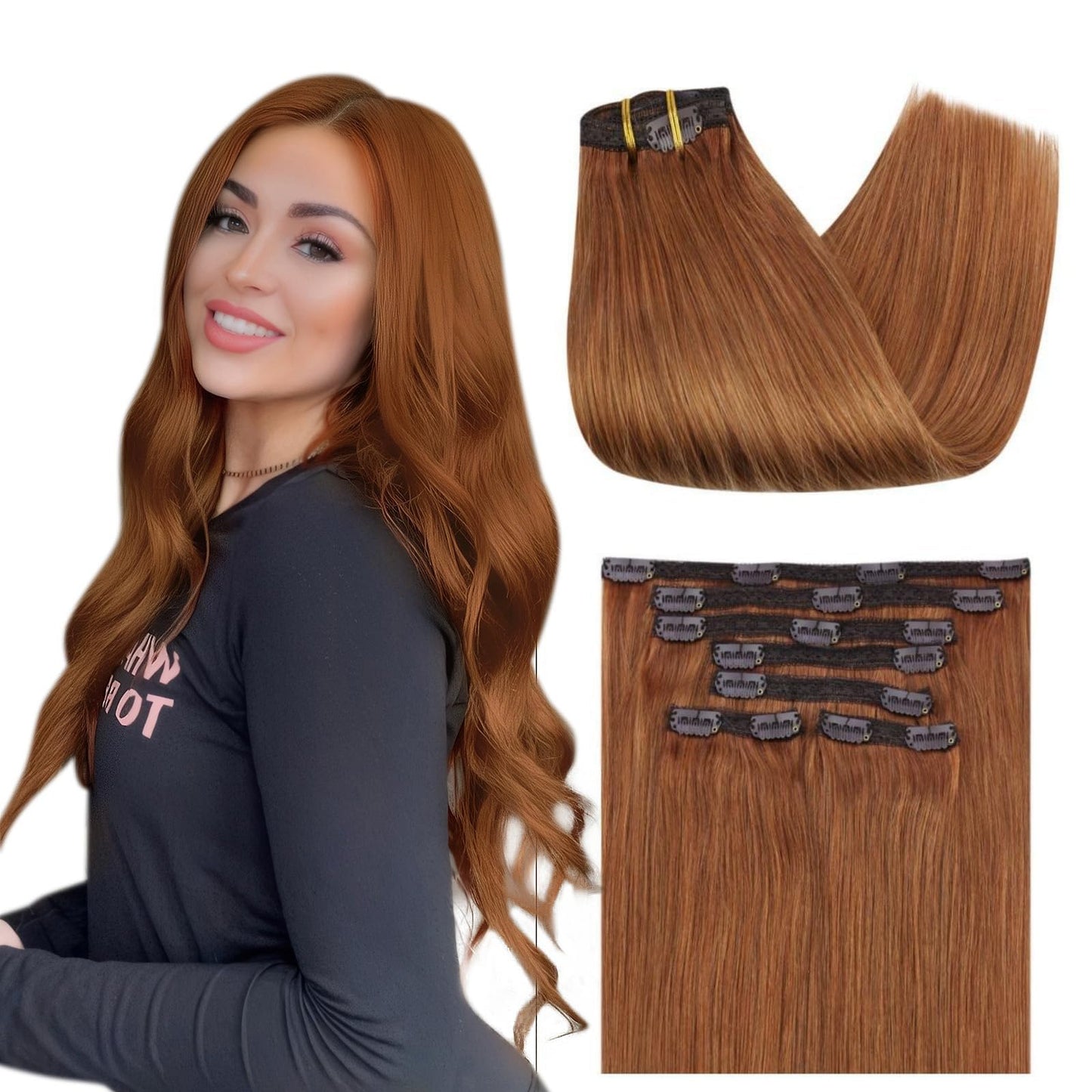 Full Shine Straight Clip In Human Hair Extensions 18 Inch For Full Head Real Hair Extensions Human Hair Clip Ins Copper Brown Se