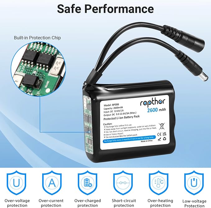 rapthor Rechargeable 12V 2600mAh Lithium ion Battery Pack with Charger Compatible with 12V Devices, Bike Light, DIY Project, Radio, Fishing Light,LED Light Strip, CCTV Camera