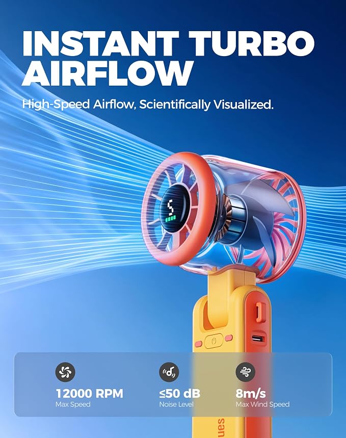 Diveblues Portable Handheld Turbo Fan, 5 Gear Wind, Battery Operated, Up to 12 Working Hours, 3 IN 1 Hand Fan with Air Turbo Tech Cooling Fan for Outdoor Activities, Travel, Working