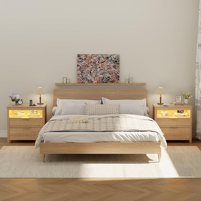 HNEBC Nightstand Set of 2 with Gun Drawer, Nightstands with Hidden Compartment, Larger Wider Bedside Table with Charging Station for Bedroom Dorm, Sofa, Office,Ideal Furniture & Decor-Natural