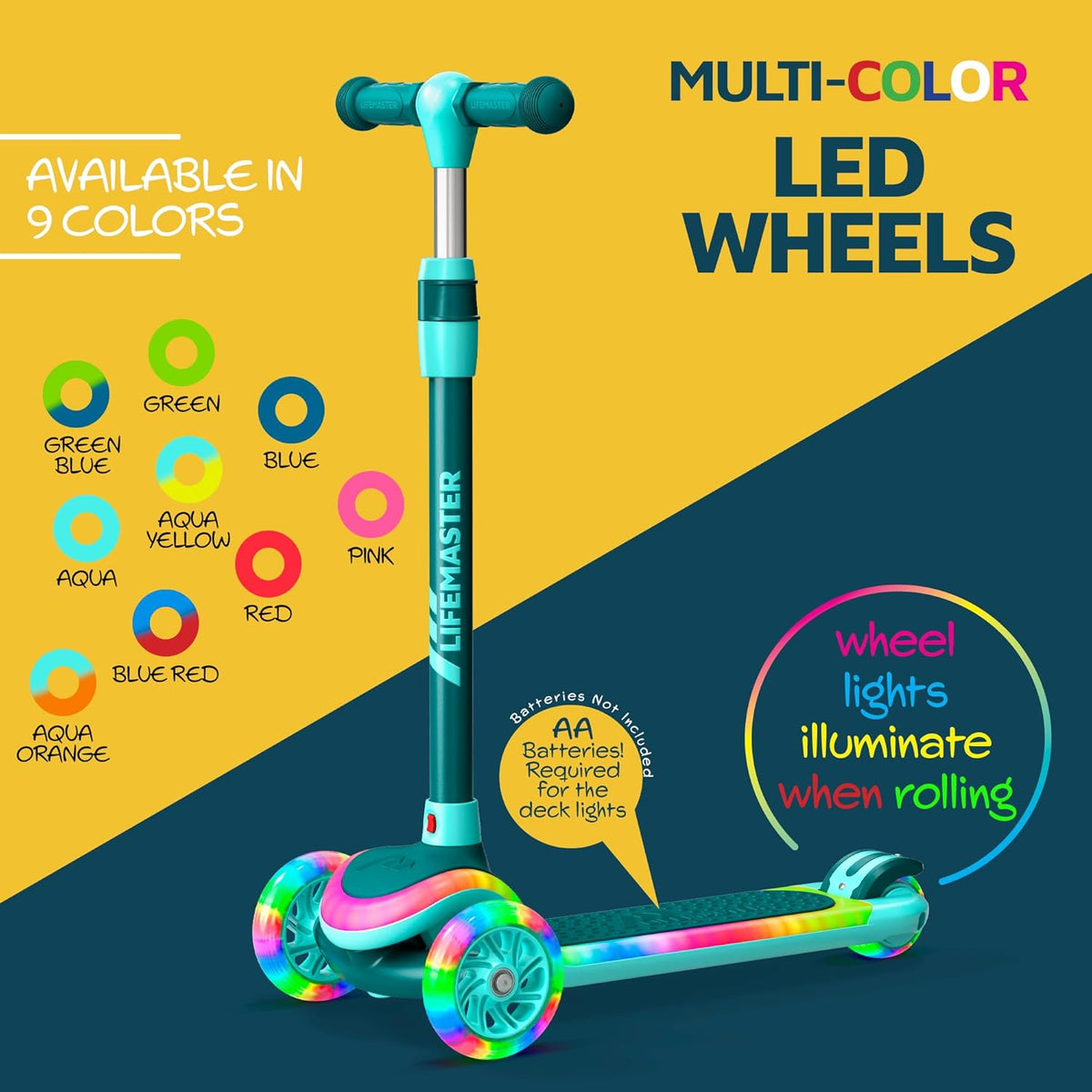 Skiennix 3-Wheel Kids Scooter - Multi-Color Lights, Adjustable Handlebar, Anti-Slip Deck | Ages 3+, Supports 150 lbs