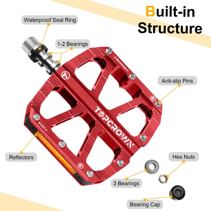 Topcrown Mountain Bike Pedals with Reflectors, Aluminum Metal Bicycle Flat Pedals 9/16" - 3 Sealed Bearings, Non-Slip Wide Platform with Removable Pins for MTB, Road Bike, BMX, Ebike (Red)