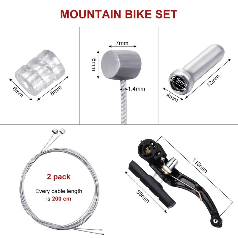 Universal Mountain Bike Brakes Set - 2 Pairs, Replacement for Most Bicycles, Includes 2 Pieces Brake Cables, Gear Shift Cable Wire, End Caps, End Ferrules(Black)