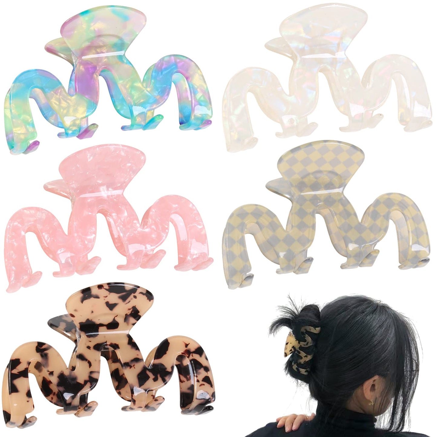 Jayongnee Multicolored Women'S Hair Claw Clips - 5Pcs Large Claws For Thick And Thin Hair