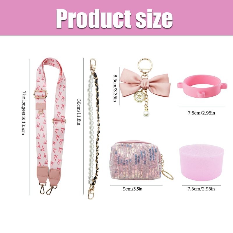 Removable Water Bottle Shoulder Strap Set for Stanley Cup 40/30/20 OZ,Including Pearl Water Handle Strap、Cup Holder Shoulder Strap、Bow keychain、Cup Ring、silicone boots、Sparkling packet(Bow pink)