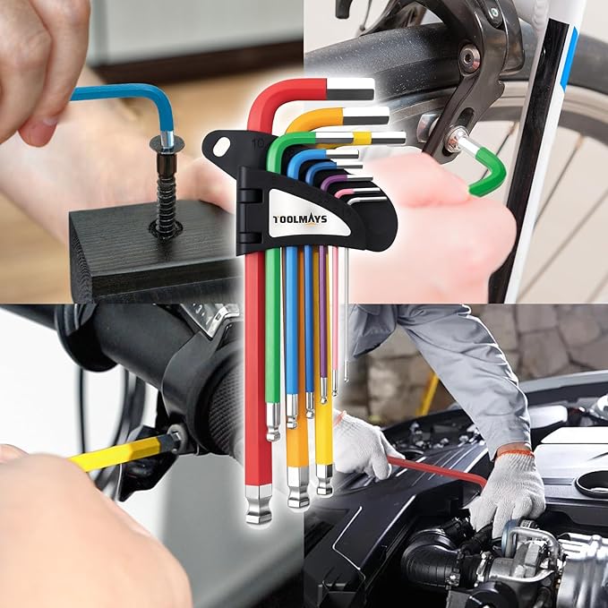 Allen Key Set 9 PCS Anti-Slip Long Ball Hex Key Set 1.5-10mm, Color Coded Ball Point Head Hexagon Keys Set for Furniture Assembly, Bikem, Motorcycle Repairs, Household DIY