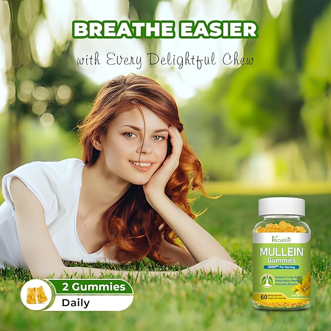 Mullein Gummies, Mullein Leaf Extract with Bromelain, Quercetin, Pine Bark Support Lung Cleanse for Healthy Breathing, 60ct