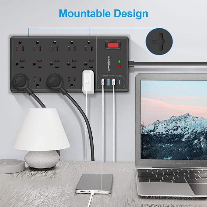 Surge Protector Power Strip-15 Widely Spaced Outlets and 4 USB Ports(1 USB C Port),14 AWG Extension Cord,1875W/15A Heavy Duty Power Strip Surge Protector 5 ft Cord,2800J,Black