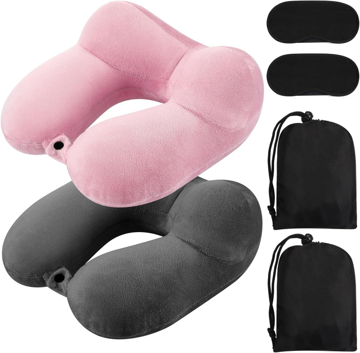 Sintuff 2 Pack Inflatable Travel Pillow for Airplanes Inflatable Neck Flight Pillows with Compact Bag and Blindfold for Traveling, Airplane, Train, Car, Office(Gray)