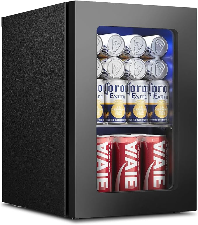 Feelfunn 24 Can Beverage Refrigerator, Mini Fridge, Black | 40-61°F temp control, whisper-quiet ≤38dB, holds 24 cans, removable shelf. Ideal for office, dorm, bedroom, home bar