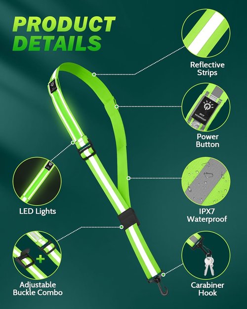 Fitense LED Reflective Belt Sash - High Visibility Night Safety Gear with 5 Light Colors & 3 Modes | Adjustable Rechargeable Vest for Runners & Walkers