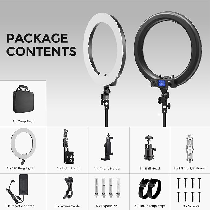 18 Inch Ring Light with Wall Mount Stand, Bi-Color LCD Display 55W 3000-5800K
