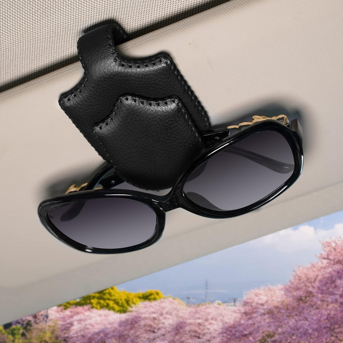 AMVOYOA Sunglass Holder for Car ,Hand Sewn Leather Sunglasses Clips for Car Visor ,Universal Car Magnetic Eyeglass Holder,Ticket Card Clip for Car Visor Accessories(Gray)