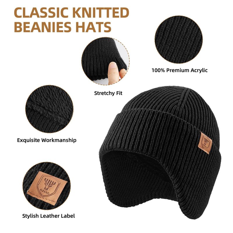 OZERO Winter Beanies Hats Men: Beanie with Ear Flaps Outdoor Thermal Knitted Hat - Soft Warm Knit Ski Stocking Polar Fleece Cuffed Cap for Men Women, Black