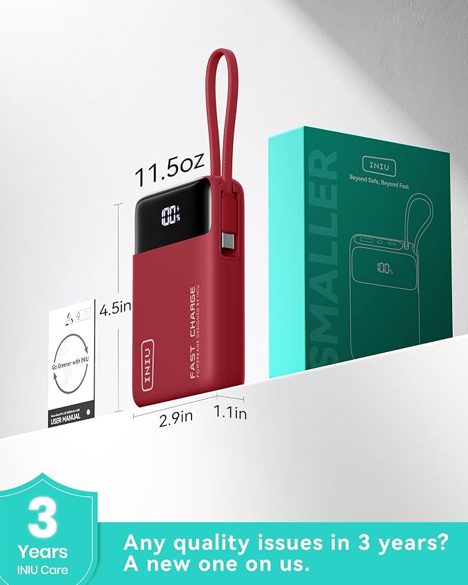 INIU 20000mAh Power Bank, Small Portable Charger, 45W PD Fast Charging Battery Pack with Build in USB-C Cable, Travel Phone Charger for iPhone 17 16 15 14 Air Samsung S25 S24 Google iPad Xiaomi, Red