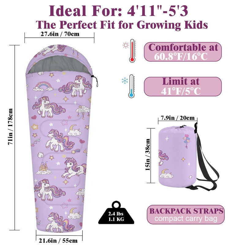 YOVOMEE Kids Sleeping Bag for Girls, 3 Season Sleeping Bag with Backpacking Bag, Warm & Cool Weather, Portable for Travel, Sleepovers, Indoor & Outdoor Camping, Machine Washable