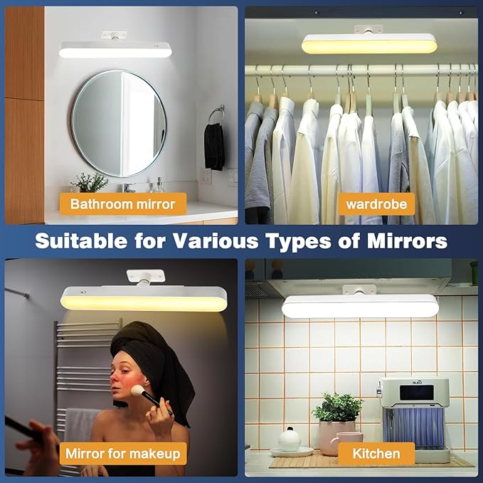 Wireless Vanity Lights for Mirror, 4000mAH Rechargeable Battery Operated Mirror Light, Adjustable Color Brightness & Angle Makeup Light,Cordless Lights for Bathroom Mirror,Desks, Kitchens, Cabinets