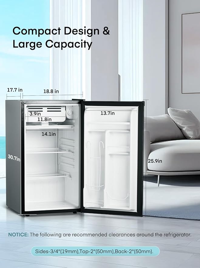 FOHERE 3.2 Cu. Ft Mini Fridge with Freezer, Single Door Compact Refrigerator, Small Fridge with 7 Adjustable Thermostat for Dorm, Bedroom, Office, Reversible Door, Energy Saving, Low Noise, Black
